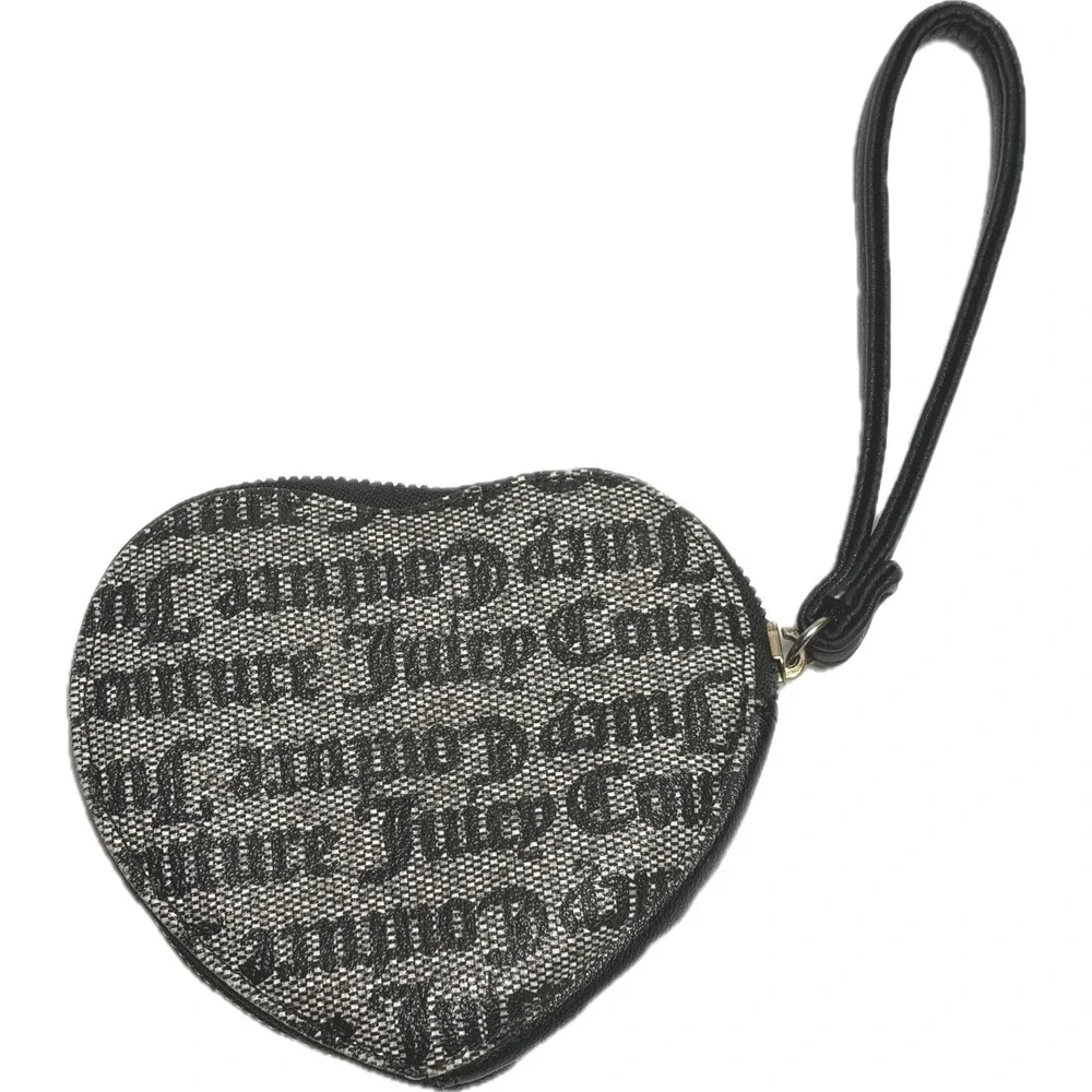 Vtg Y2K Juicy Couture Heart Wristlet Coin Purse Gothic Monogram Black Grey 2000s
